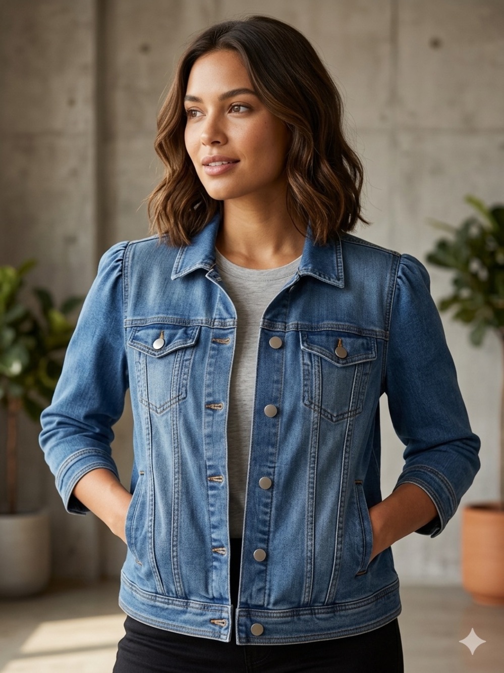 APNY Denim Jacket Medium Wash Blue Puff Sleeve Top Size L